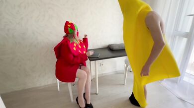 Strawberry banana cosplay turns nasty rough sex with deepthroat and creampie