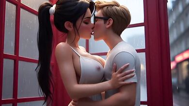 Paralyzed in the phone booth her big tits gagging on AI's thick cock