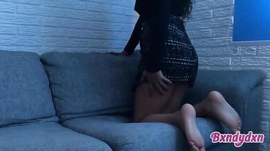Sexy latina alone on sofa dripping wet and horny