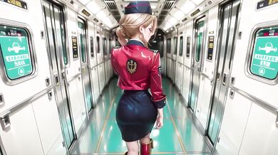 Blonde commander in chrome train teases with patent leather uniform sucked balls out