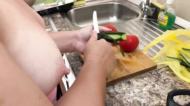 Zara Charm Striptease in Lingerie Flashes Breasts Making Lunch