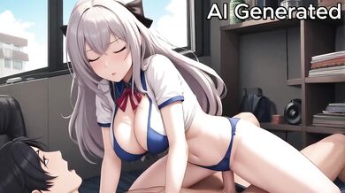 Silver hair schoolgirl titfuck creampie on massive tits while legs spread wide