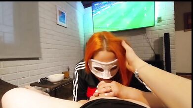 My wife surprises me during the World Cup she deepthroats my cock while I cum in her mouth