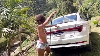 Car washing day ruined by her dripping cum squirt solo