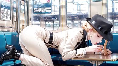 Beige Suit Conductor Teases Silk Stockings with Cold Stare Inside Vintage Train