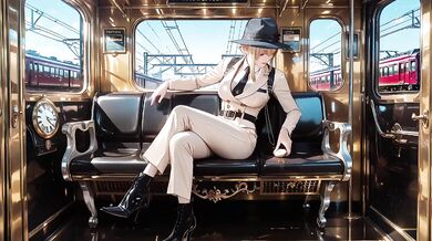 Beige Suit Conductor Teases Silk Stockings with Cold Stare Inside Vintage Train