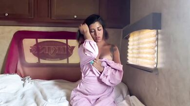 Pink silk striptease solo cum drips on bed