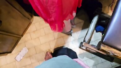 Customers wife at bar fucks me hard standing cowgirl while he watches