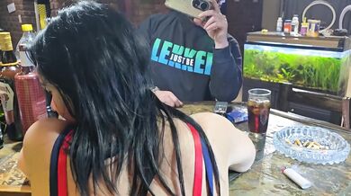 Customers wife at bar fucks me hard standing cowgirl while he watches