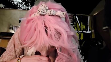 Pink-haired goddess deep throats lucky guy raw sloppy blowjob