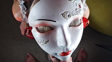 Geisha mask deep throat fucks cock to death