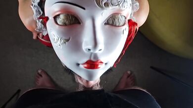 Geisha mask deep throat fucks cock to death