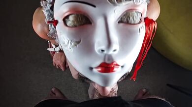 Geisha mask deep throat fucks cock to death