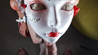 Geisha mask deep throat fucks cock to death