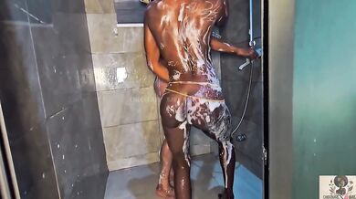 Soapy African Queen Gets Fingers In Her Juicy Twat While Lesbian Shower Slips Up