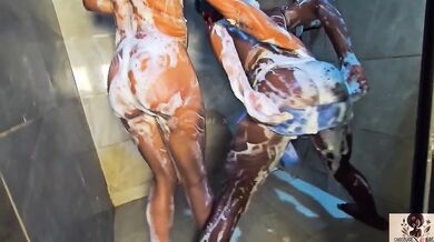 Soapy African Queen Gets Fingers In Her Juicy Twat While Lesbian Shower Slips Up