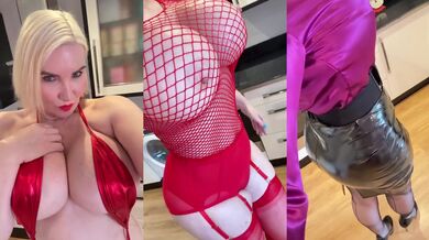 Busty British MILF Sophie James teases with satin PVC vote for who gets your cock hard while she fingers her hairy pussy