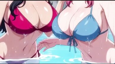 Two lesbian girls bathing and playing together in the hot tub