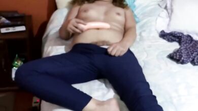 I shove my dildo in while my stepson jerks off he pumps thick cum deep in my hairy pussy