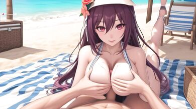 Purple haired beach bimbo gets titfucked raw creampie on the sand