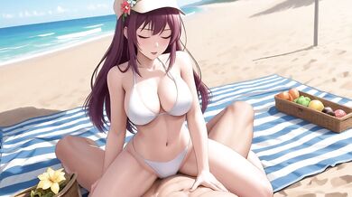 Purple haired beach bimbo gets titfucked raw creampie on the sand