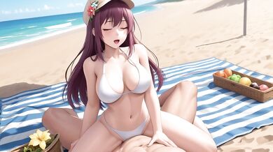 Purple haired beach bimbo gets titfucked raw creampie on the sand