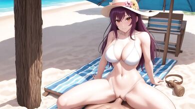 Purple haired beach bimbo gets titfucked raw creampie on the sand