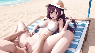 Purple haired beach bimbo gets titfucked raw creampie on the sand
