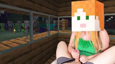 Hot Alex gives Steve a brutal Fast Cum Handjob while monsters lurk outside the Village