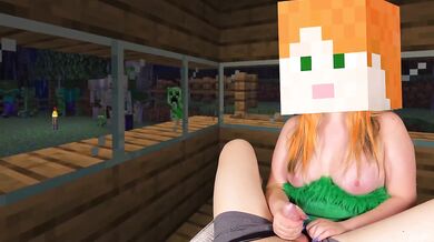 Hot Alex gives Steve a brutal Fast Cum Handjob while monsters lurk outside the Village