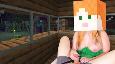 Hot Alex gives Steve a brutal Fast Cum Handjob while monsters lurk outside the Village