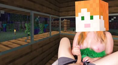 Hot Alex gives Steve a brutal Fast Cum Handjob while monsters lurk outside the Village