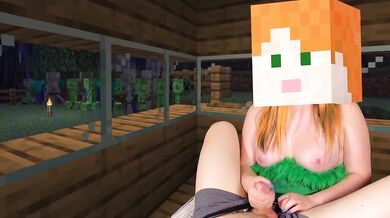 Hot Alex gives Steve a brutal Fast Cum Handjob while monsters lurk outside the Village