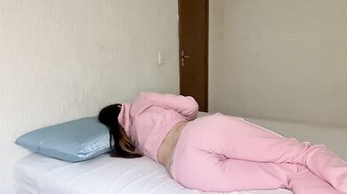 Stepdaughter in silk pajamas fingerbanging her wet little pussy for stepdad