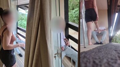 Stepmom Catches Stepson Masturbating on Balcony and Gobbles His Thick Load