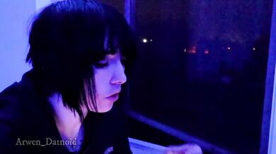 Retrowave emo girl stripped tease with tattooed curves riding big boobs and moaning face