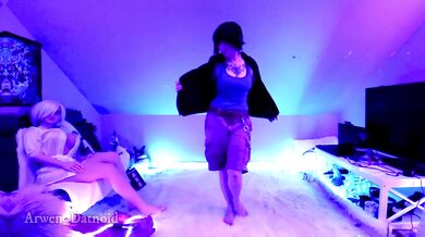 Retrowave emo girl stripped tease with tattooed curves riding big boobs and moaning face