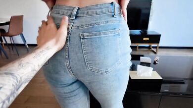 Step sister in tight jeans gets fucked while POV dirty talk blows her mind