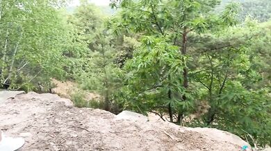 Jerking off in the woods got me a cum covered foot fuck