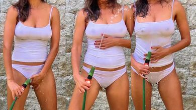 Latina gets drenched in white cotton panties hose on tits and pussy tease