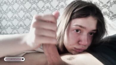 Brunette beauty deep throats till she gags chokes and swallows every drop