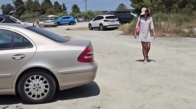 Naked in public car park flashing white girl no bra no panties