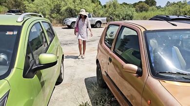 Naked in public car park flashing white girl no bra no panties