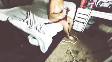 Seductive red fishnets ride a fat hairy pussy tease