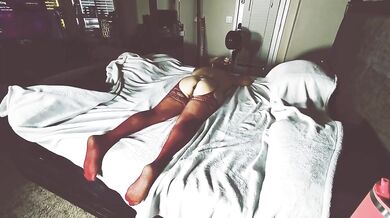 Seductive red fishnets ride a fat hairy pussy tease