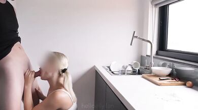 Milky cream pie stuffed deep in her juicy blonde pussy while cooking