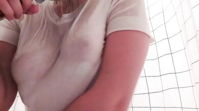 Big tits girl fingered shower mess her drooling tits pleasured POV orgasm
