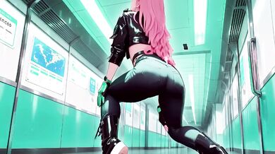 Pink-Haired Leather Tech Girl Fingered Slowly in Neon Cyber Alley