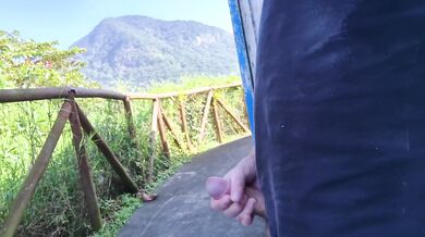 Redhead risks public cumshot tease in park