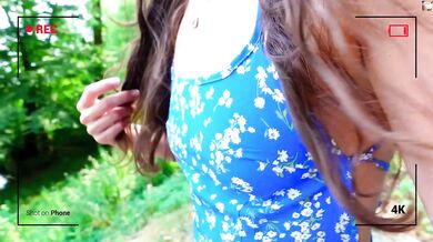 Brunette naughty girl squirts hard on riverside trail with toys
